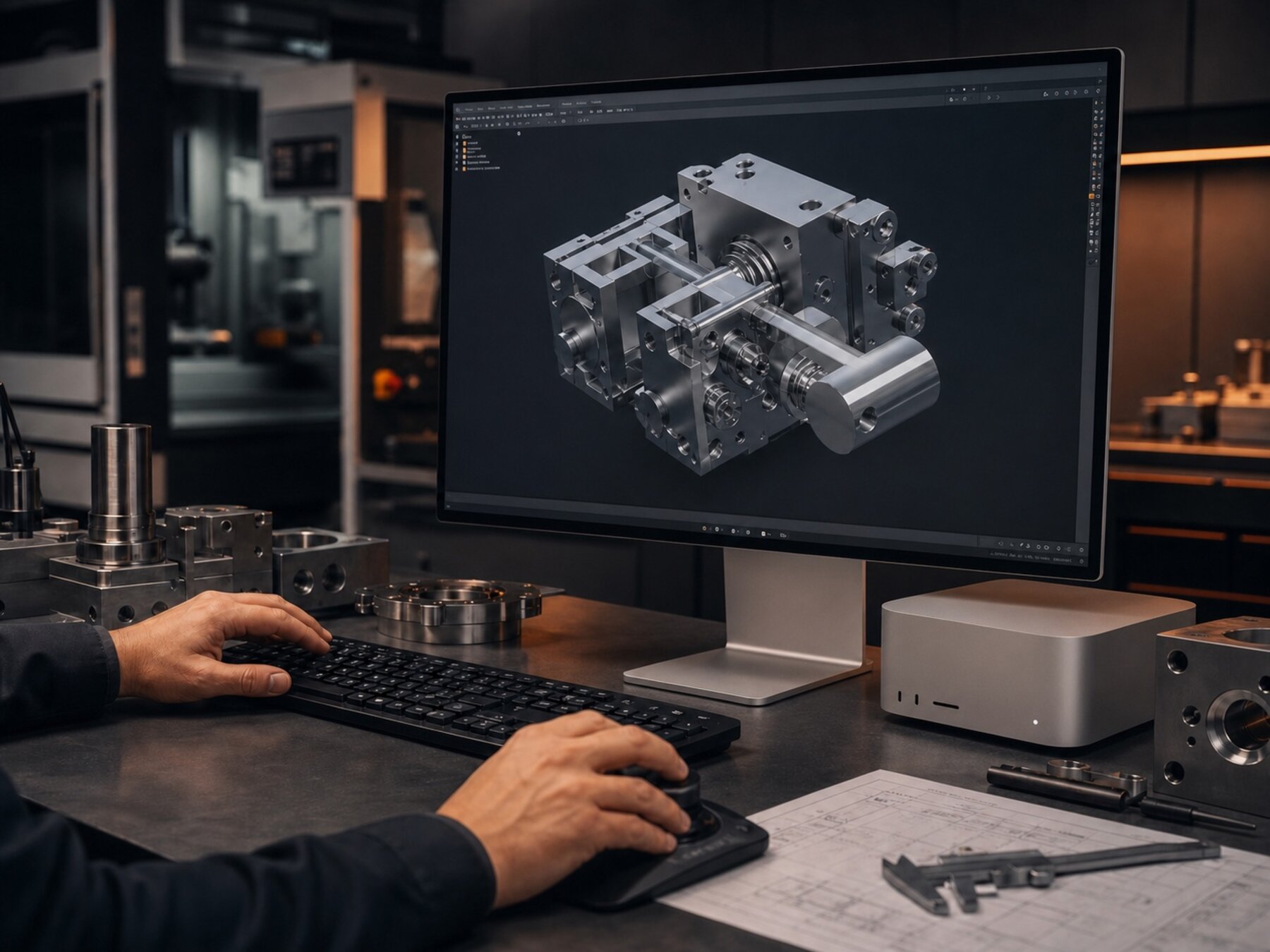 CAD-Konstruktion einer Maschinenbaugruppe am Apple Studio Display