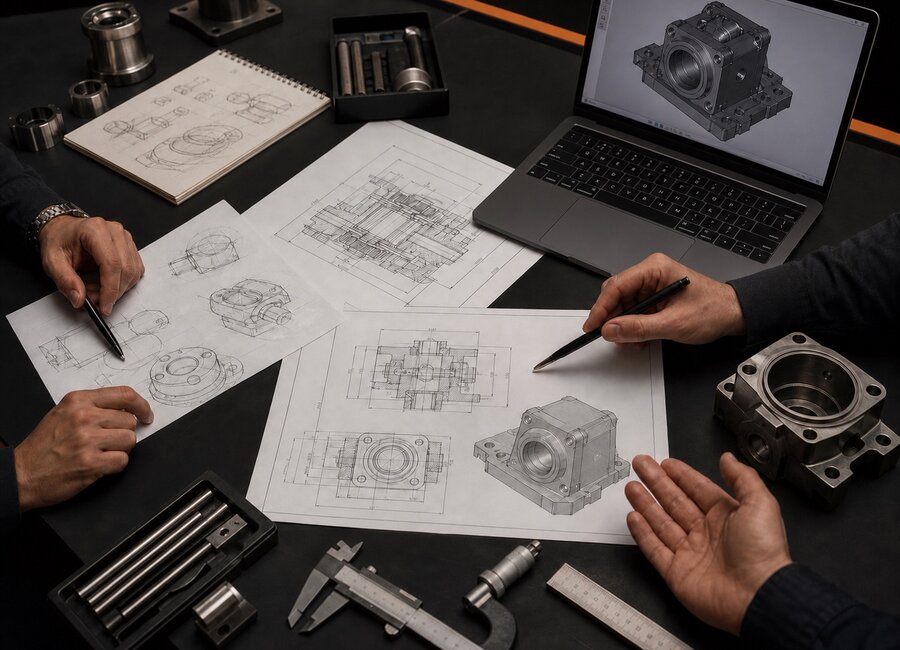 Technische Zeichnungen und CAD-Modell auf einem Apple MacBook Pro