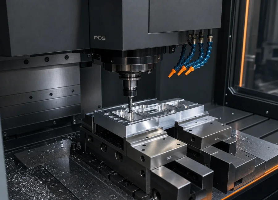 CNC-Fräsen auf POS-Anlage CNC-Fräsen eines Aluminiumbauteils auf einer POS-Fräsmaschine bei BEICK