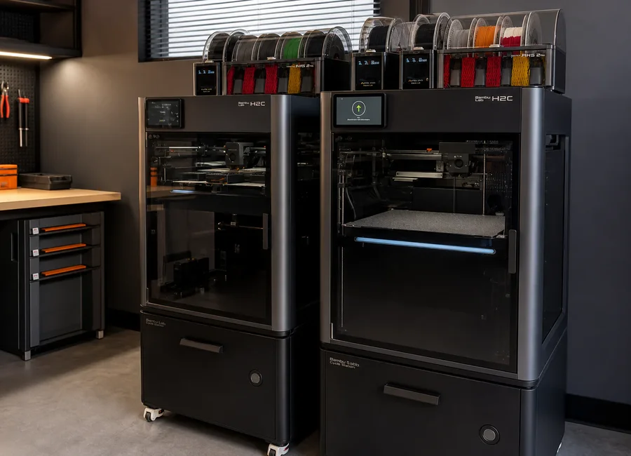 3D-Druckkapazität mit Bambu Lab H2C Zwei Bambu Lab H2C mit AMS-Systemen für 3D-Druck-Aufträge bei BEICK